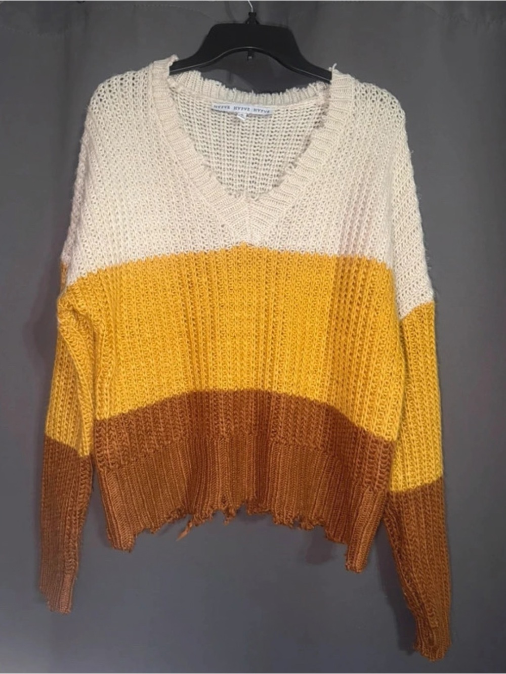 HYFVE Colorblock V-Neck Sweater in Cream, Yellow & Brown